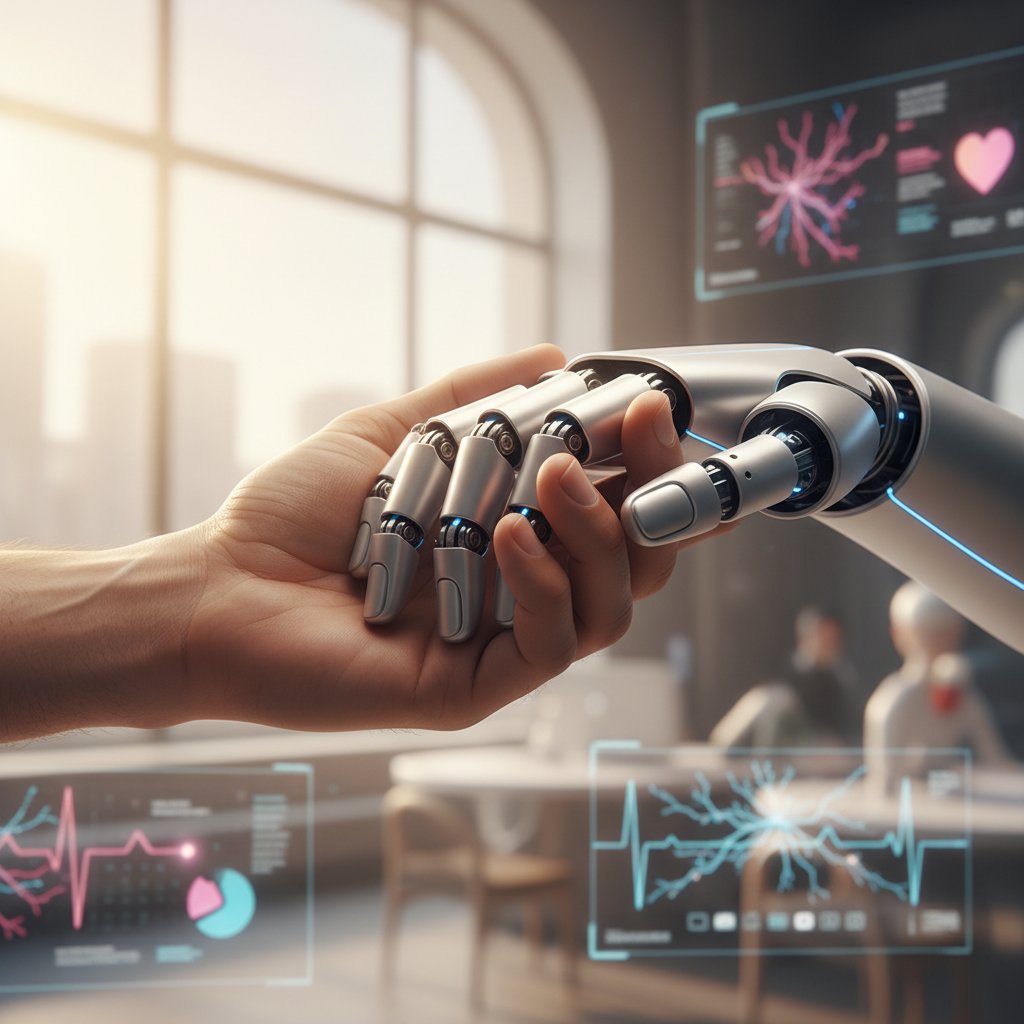 Człowiek trzymający dłoń robota – antropomorfizacja AI