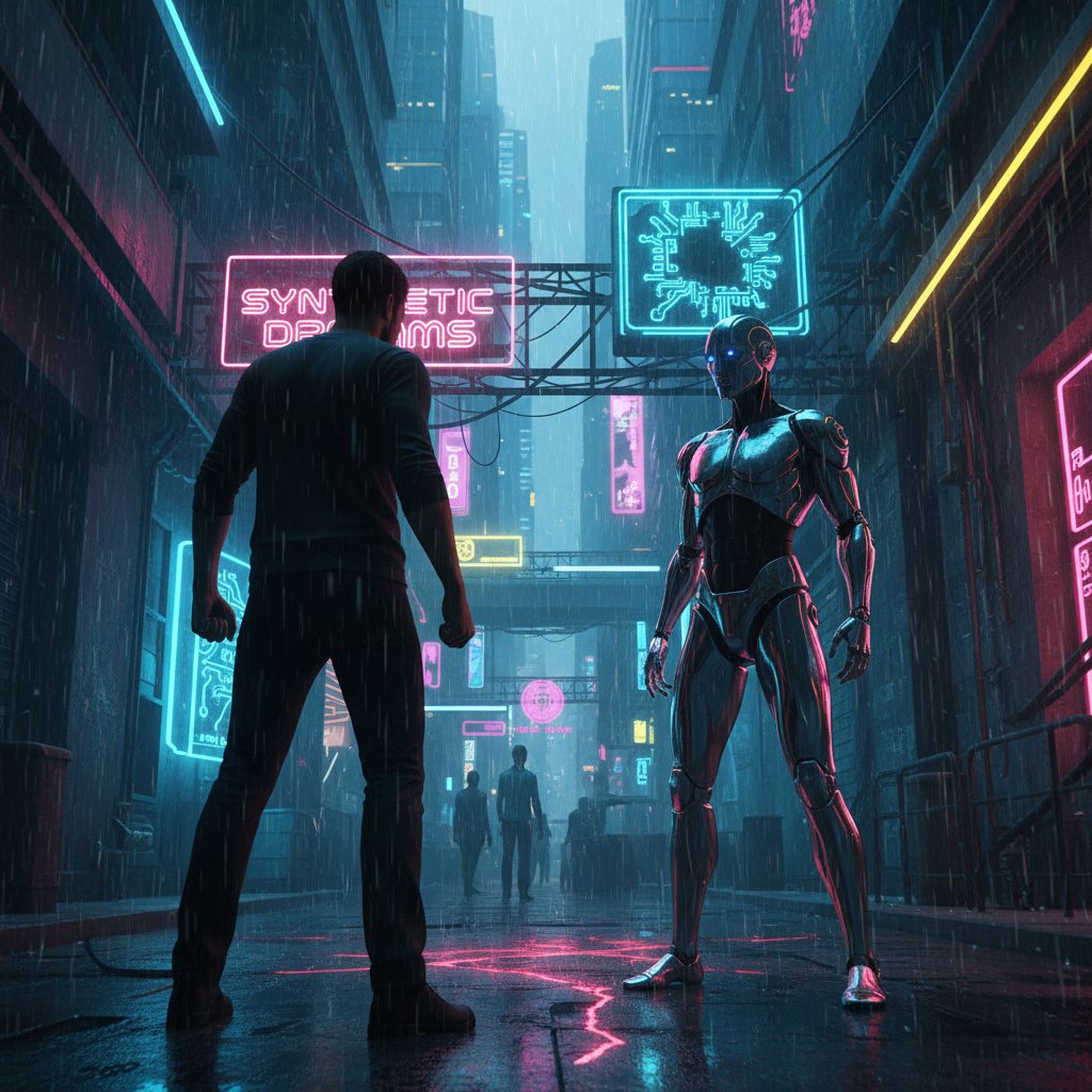 Człowiek patrzący w ekran, na którym pojawia się humanoidalne AI, napięcie, neonowe światło