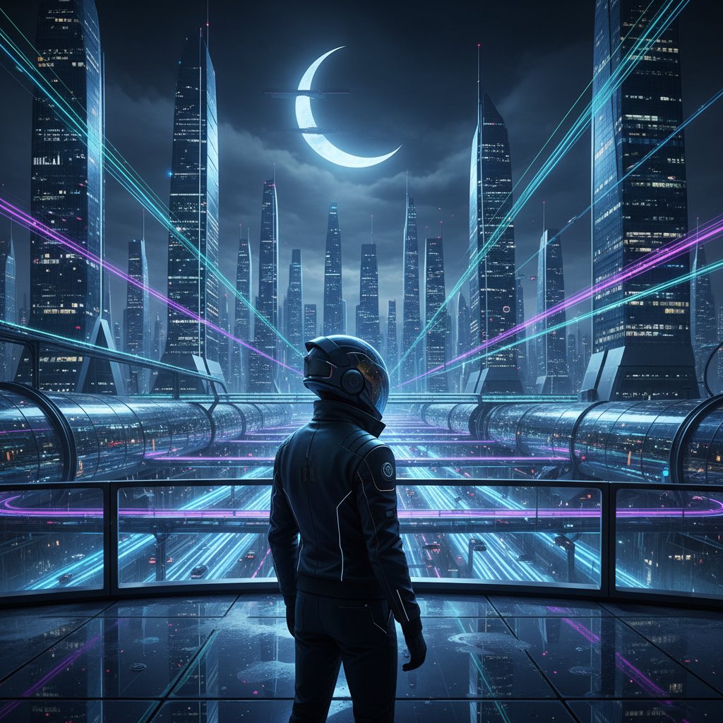 Człowiek patrzący na nocne miasto, światła symbolizują technologiczną przyszłość i refleksję nad świadomością AI