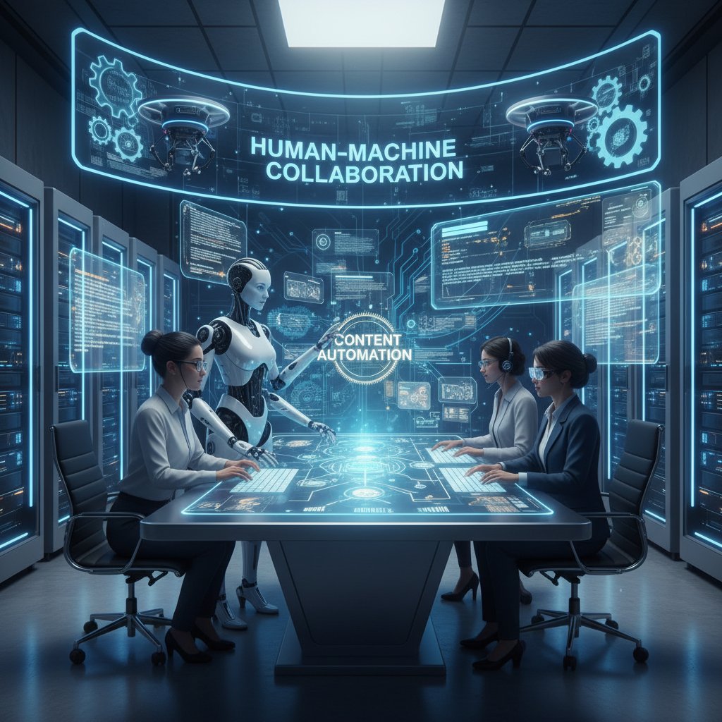 Osoba pracująca z laptopem, obok monitor z dashboardem automatyzacji, wizualnie oddzielone strefy kreatywności i automatyzacji