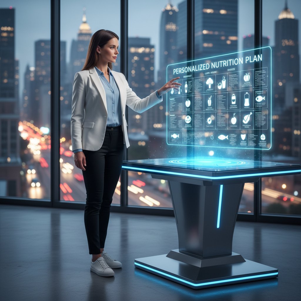 Symboliczne zdjęcie: dietetyk i sztuczna inteligencja analizują plan posiłków, starcie tradycji i nowoczesności