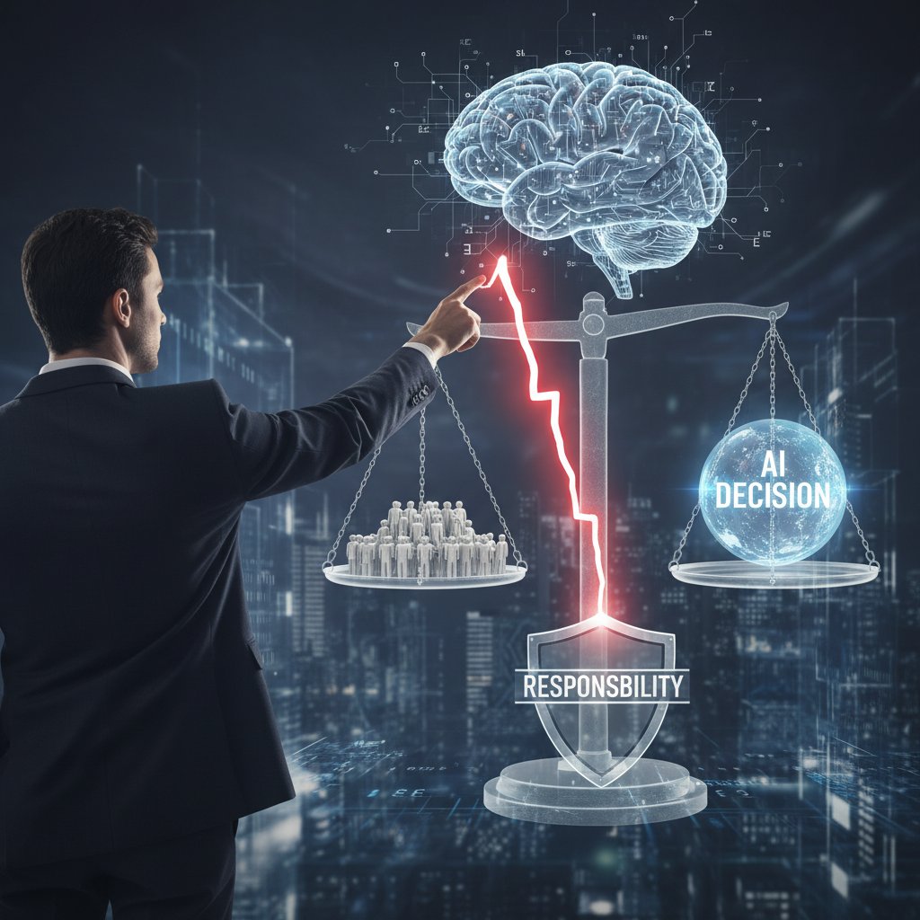 Konceptualne zdjęcie: człowiek wskazujący na ekran z decyzją podjętą przez AI