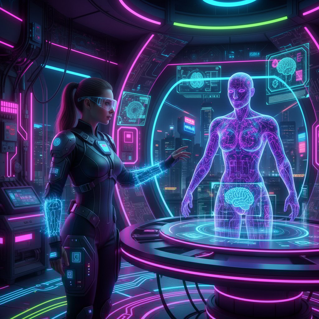 Human researcher and AI avatar collaborating on academic project, futuristic neon accents