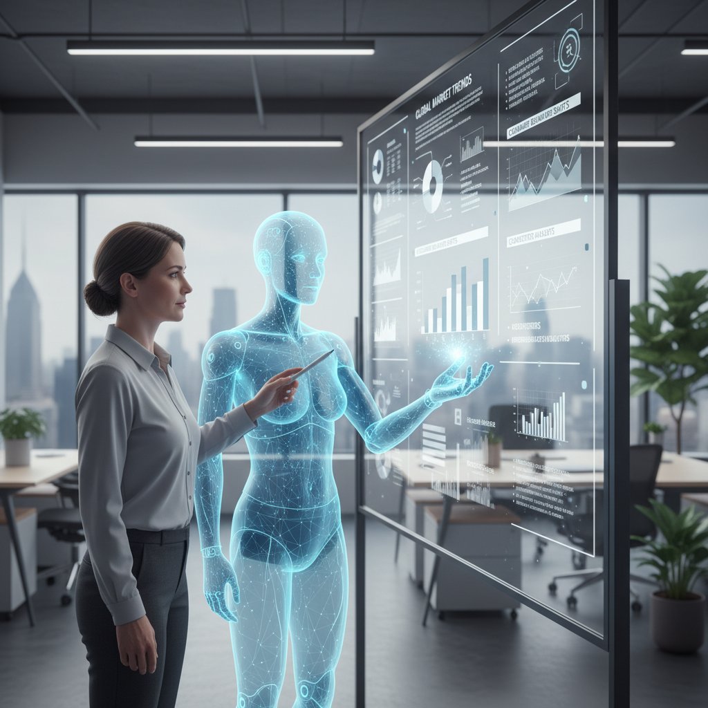 Dyskusja człowieka z AI o analizie rynku – badacz i awatar AI przy tablicy pełnej wykresów