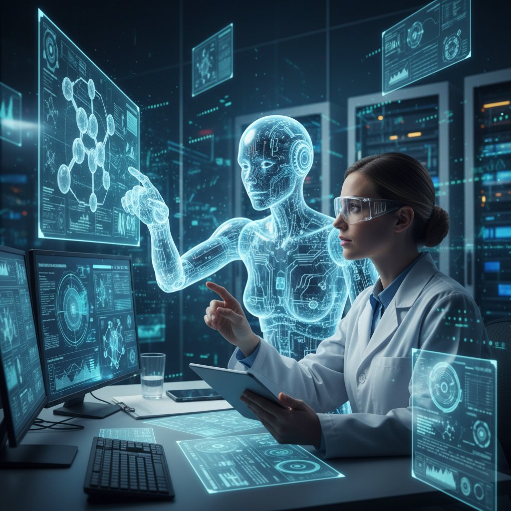 Photo of a researcher alongside a computer displaying code and data visualizations, symbolizing human-AI collaboration in research data