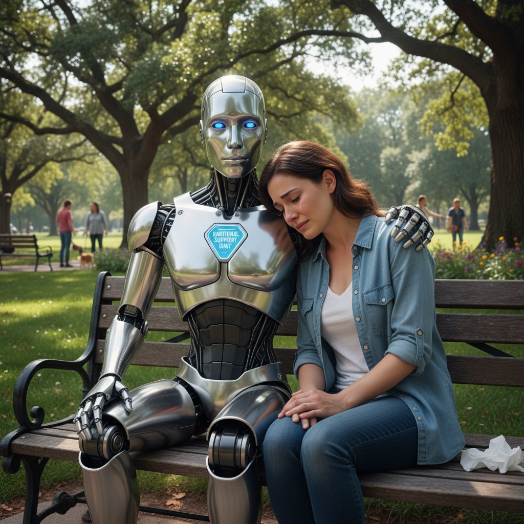 Człowiek rozmawiający z robotem na ławce w parku, przyjazna atmosfera, przyszłość wsparcia emocjonalnego