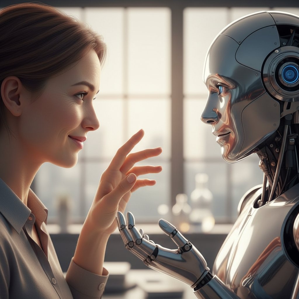 Człowiek i robot patrzący sobie w oczy – symbolizujący granicę między prawdziwą a sztuczną empatią