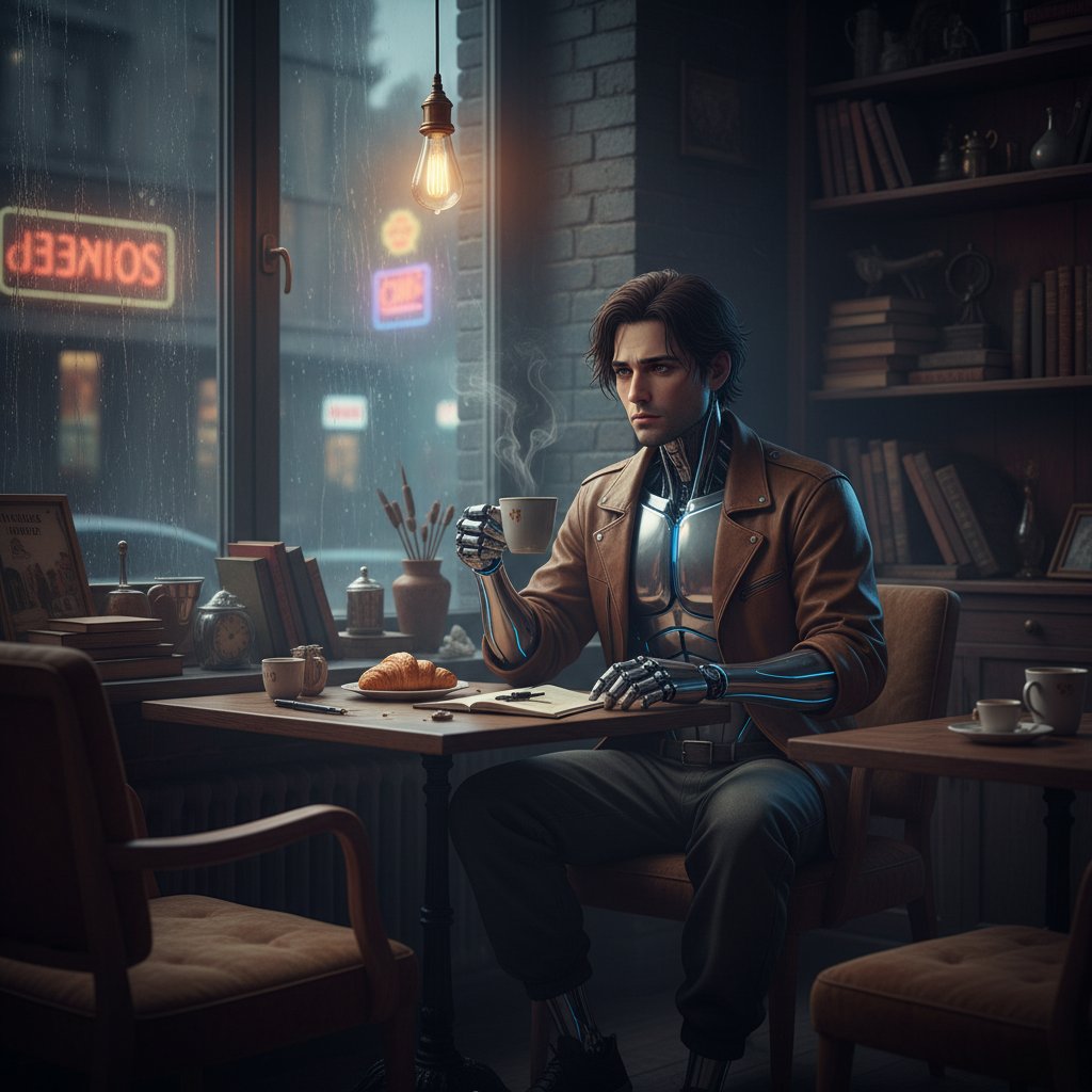 Człowiek patrzący w lustro, a w odbiciu widoczna twarz robota – filozofia umysłu a AI