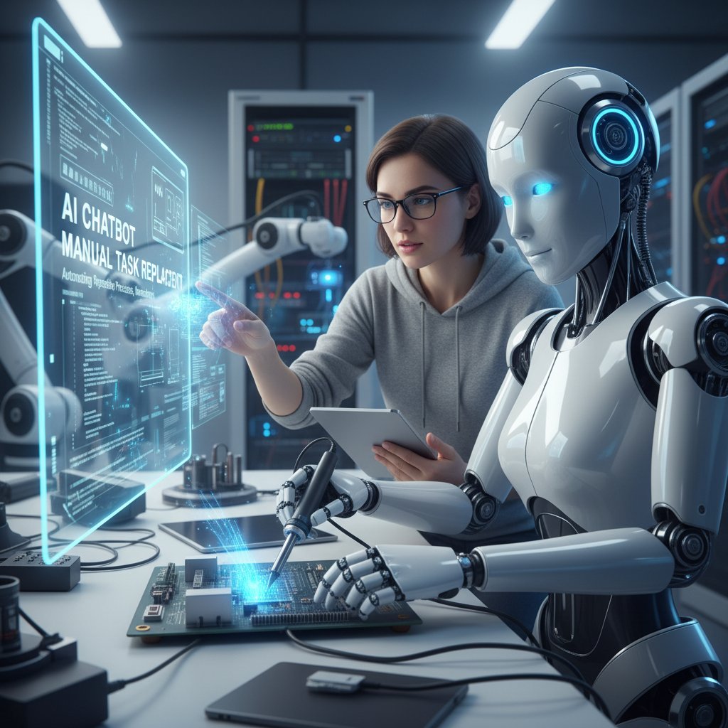 Human and robot collaborating at a digital workstation, symbolizing hybrid workflow with AI chatbot manual task replacement