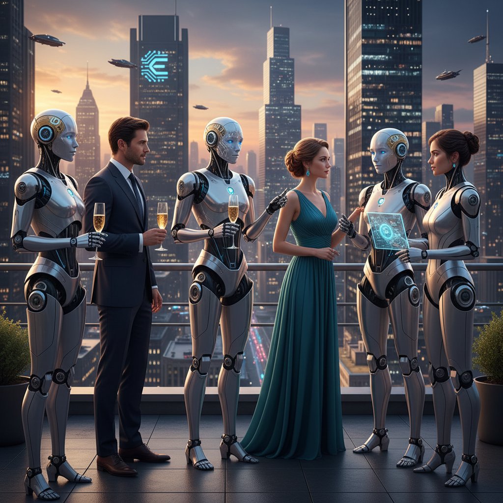Grupa ludzi i robotów na tle nowoczesnego miasta, symbol nowych elit społecznych AI