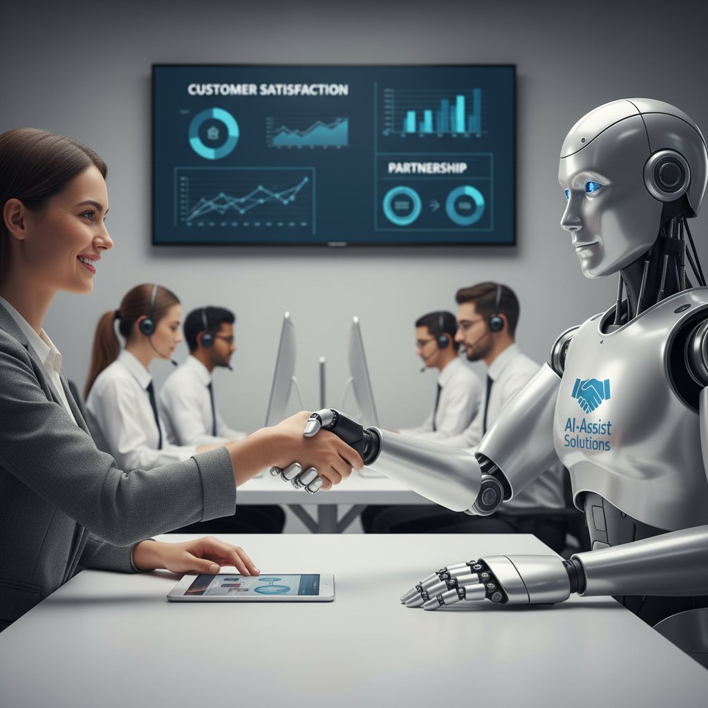 Hands of a human and a robot overlapping in a handshake, abstract symbol of human-machine partnership in customer support automation