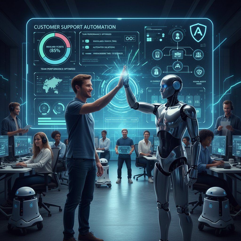 Human and robot high-fiving over a support ticket dashboard, showing teamwork in customer support automation