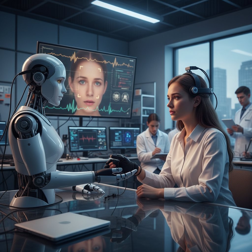 Interakcja człowieka z robotem społecznym w laboratorium, eksperyment nad maszynowymi emocjami