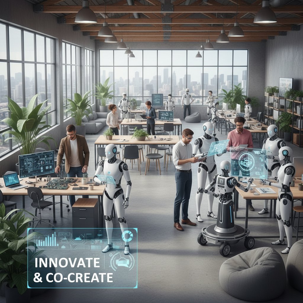 Nowoczesny open space – ludzie i roboty współpracują przy planowaniu spotkań, hybrydowa rzeczywistość