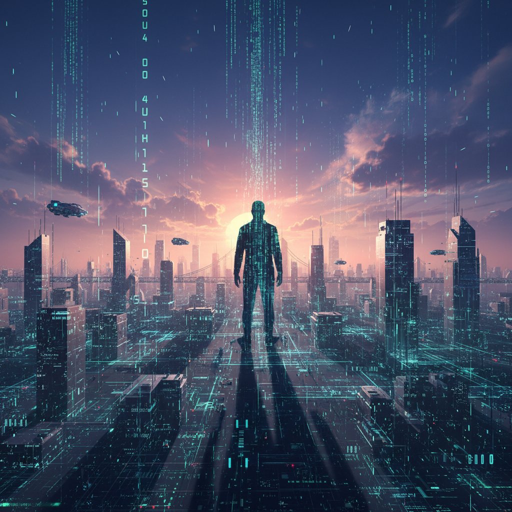 Człowiek i technologia przenikający się w nowej rzeczywistości moralnej.