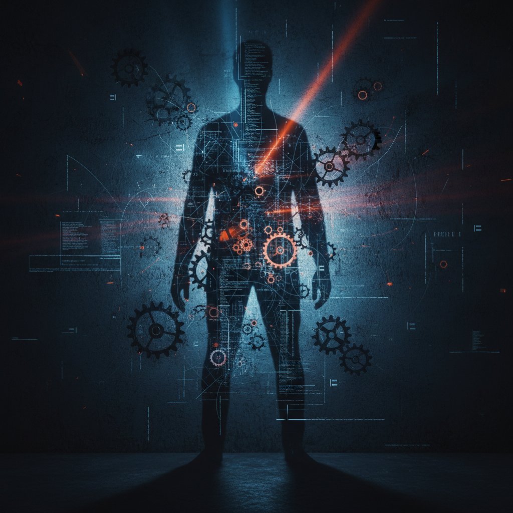 Cień człowieka nad algorytmem – symbol ukrytych zagrożeń AI