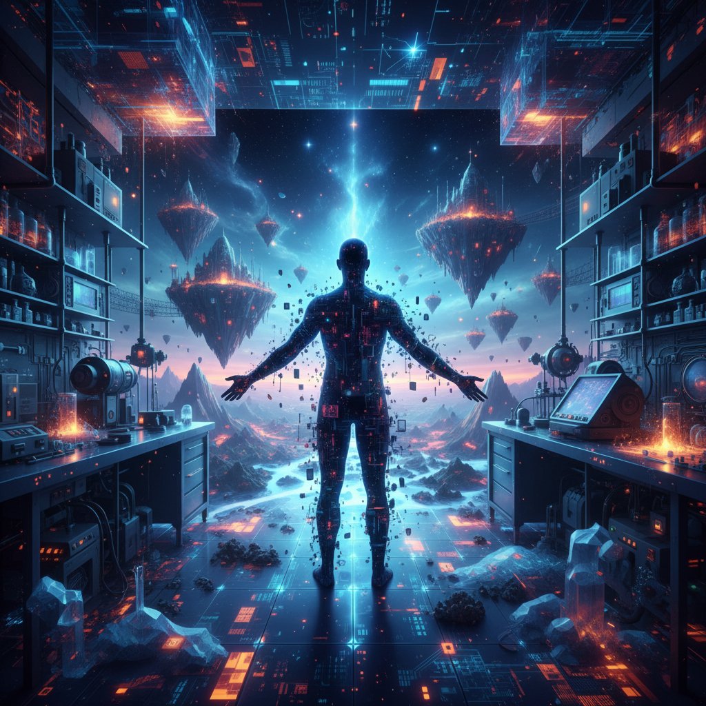 Człowiek obserwujący abstrakcyjny, cyfrowy organizm w laboratorium na tle surrealistycznego pejzażu – filozofia sztucznego życia i technologia