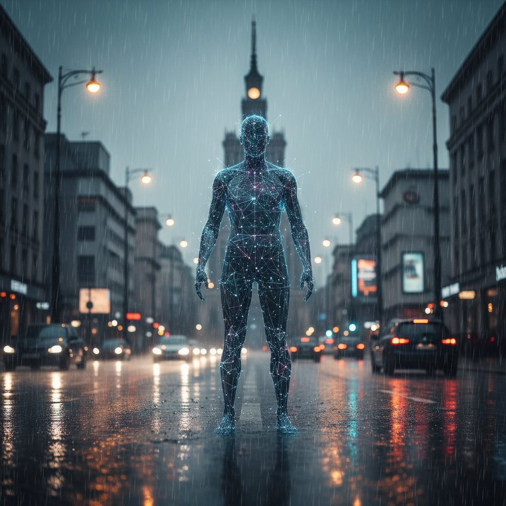 Nocna scena w Warszawie, człowiek naprzeciw neonowej sylwetki AI, deszcz, odbicia świateł, atmosfera napięcia