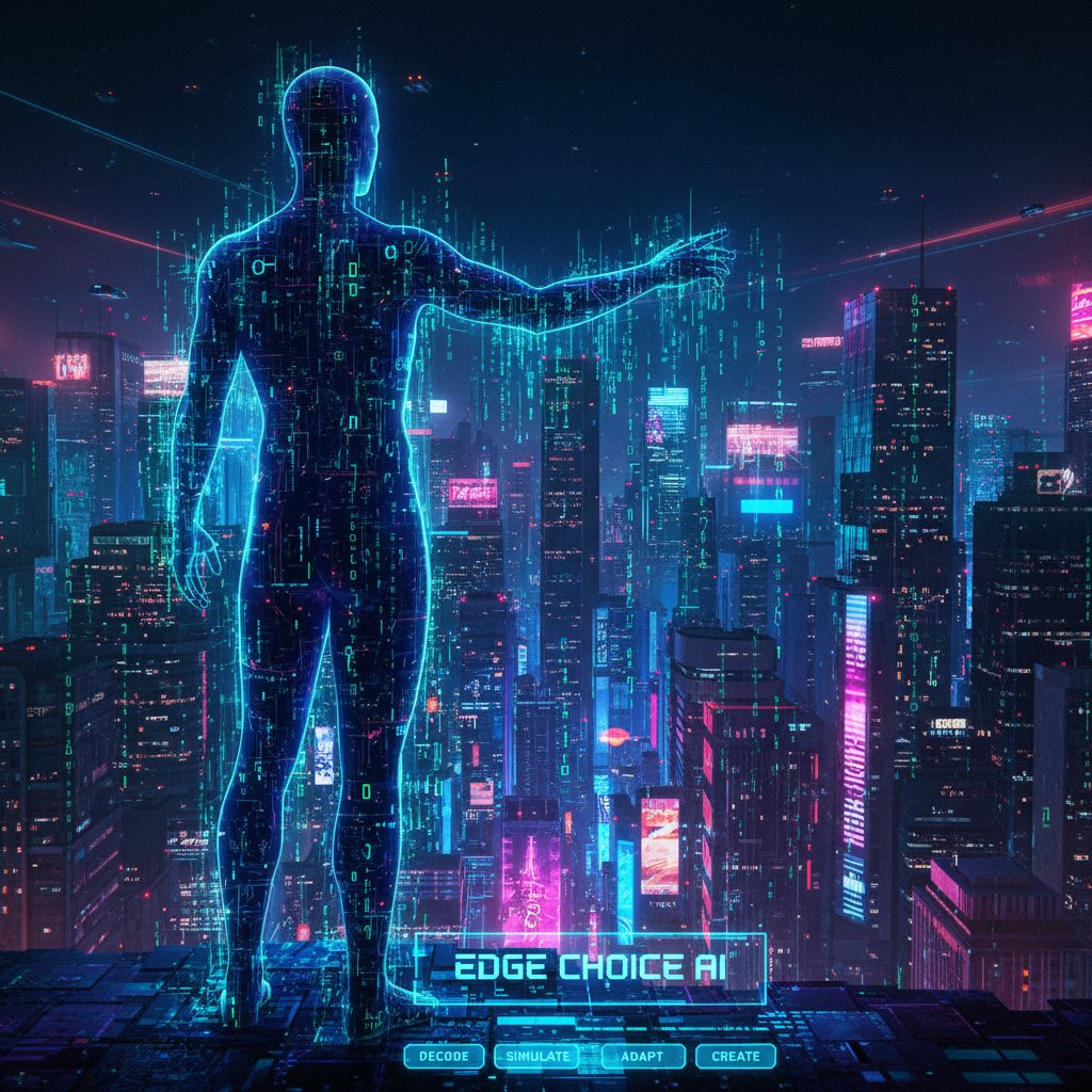 Zdjęcie osoby stojącej na tle neonowego miasta, w połowie rozpuszczonej w cyfrowym kodzie, symbolizujące wybór człowieka w świecie AI