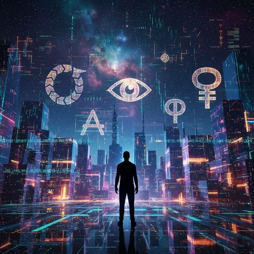 Zdjęcie osoby patrzącej w neonowy ekran z kodem, symbolizujące filozofię cyfrowego świata i ścieranie się świadomości człowieka z AI