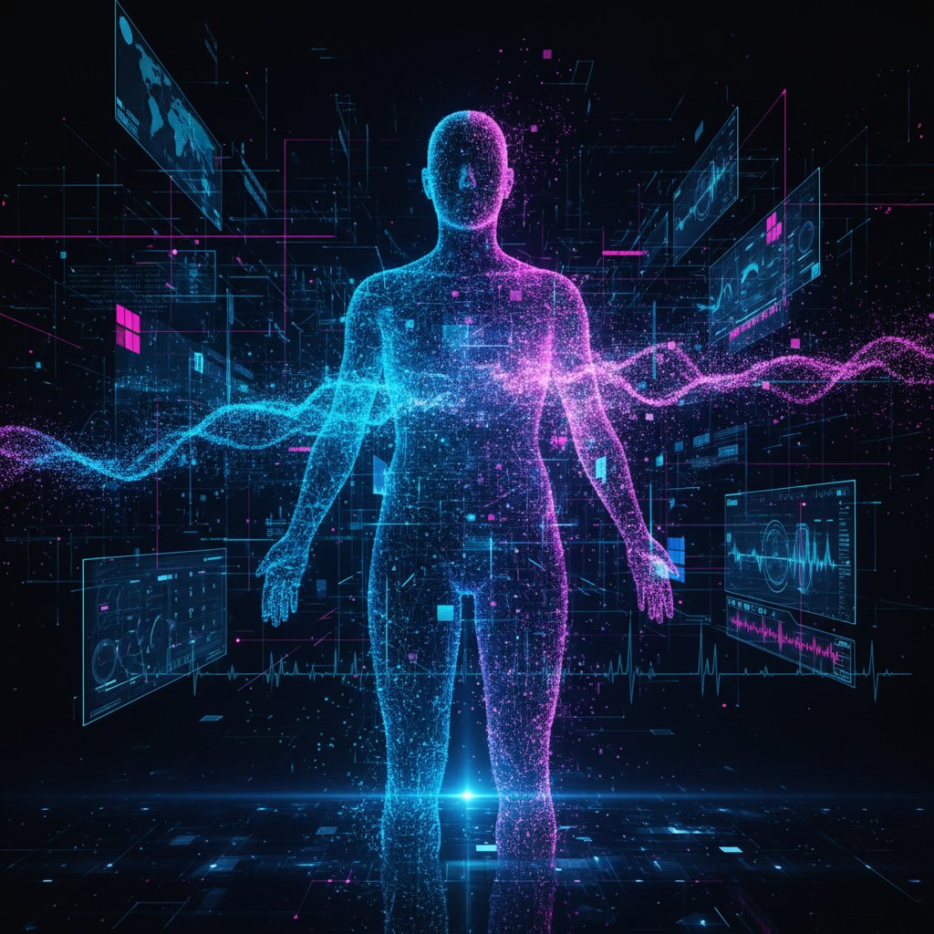 Granice relacji z AI – sylwetka człowieka zlewająca się z cyfrowym interfejsem