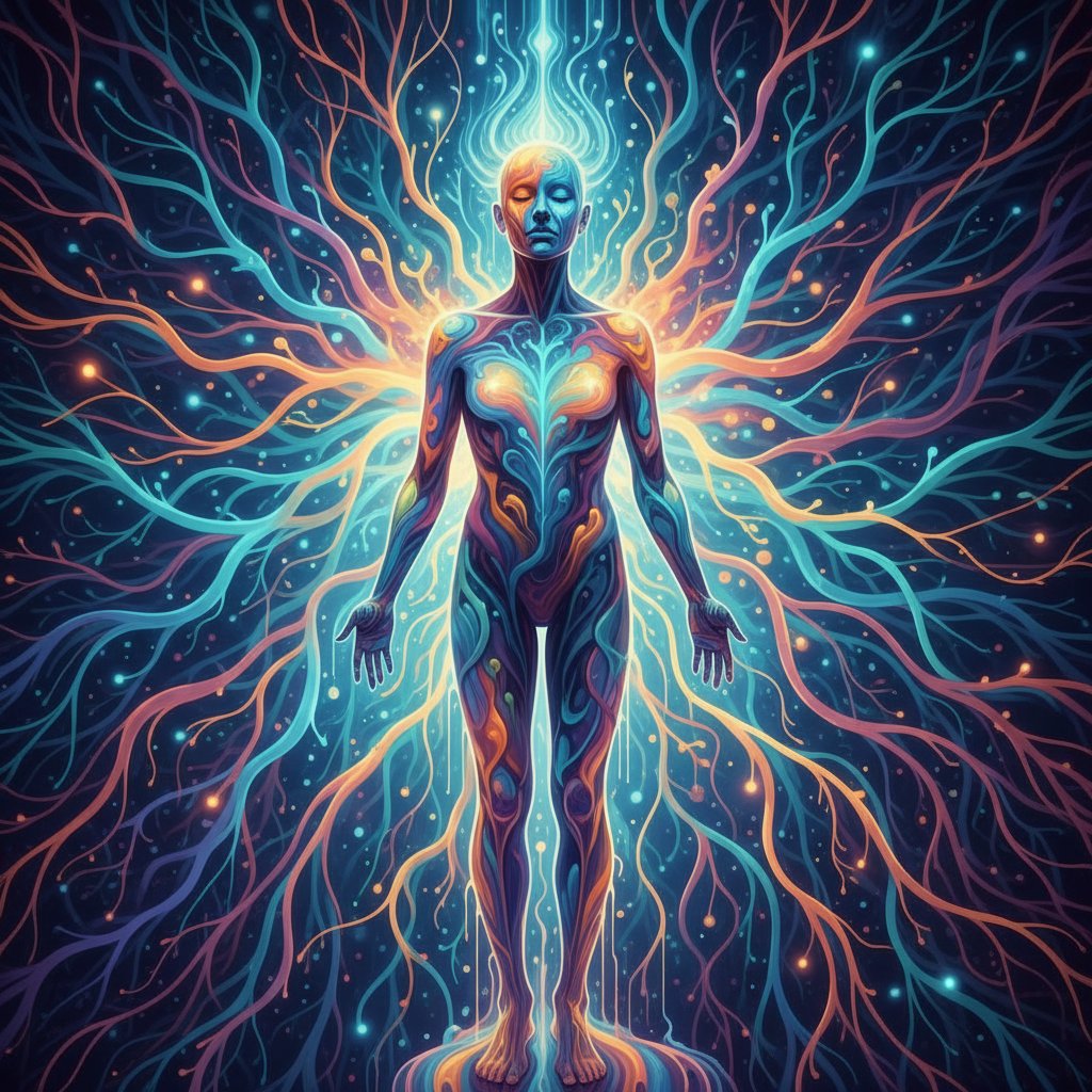 Visual metaphor for brain on transcendence, human silhouette dissolving into colors, neural pathways glowing