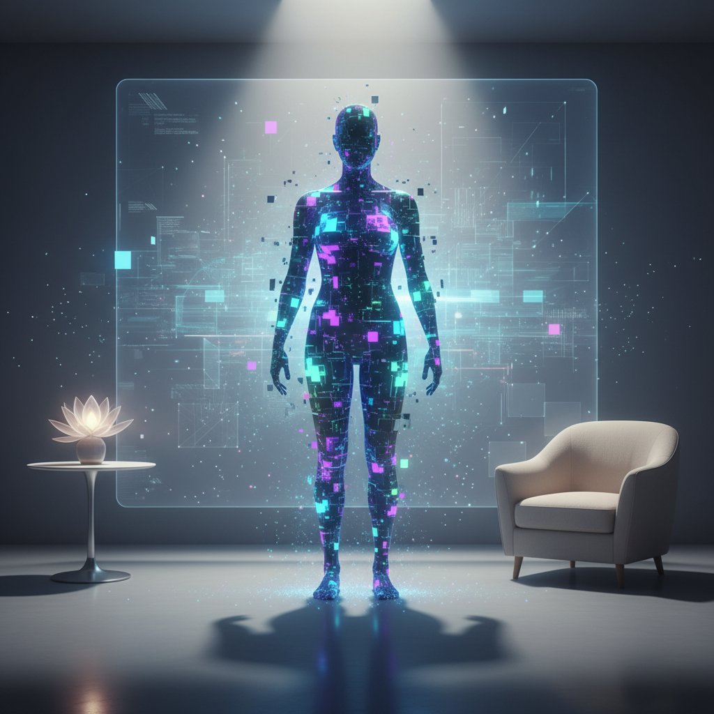 Sylwetka człowieka przesycona cyfrowymi pikselami i awatarem AI – symbol cyfrowych emocji i terapii