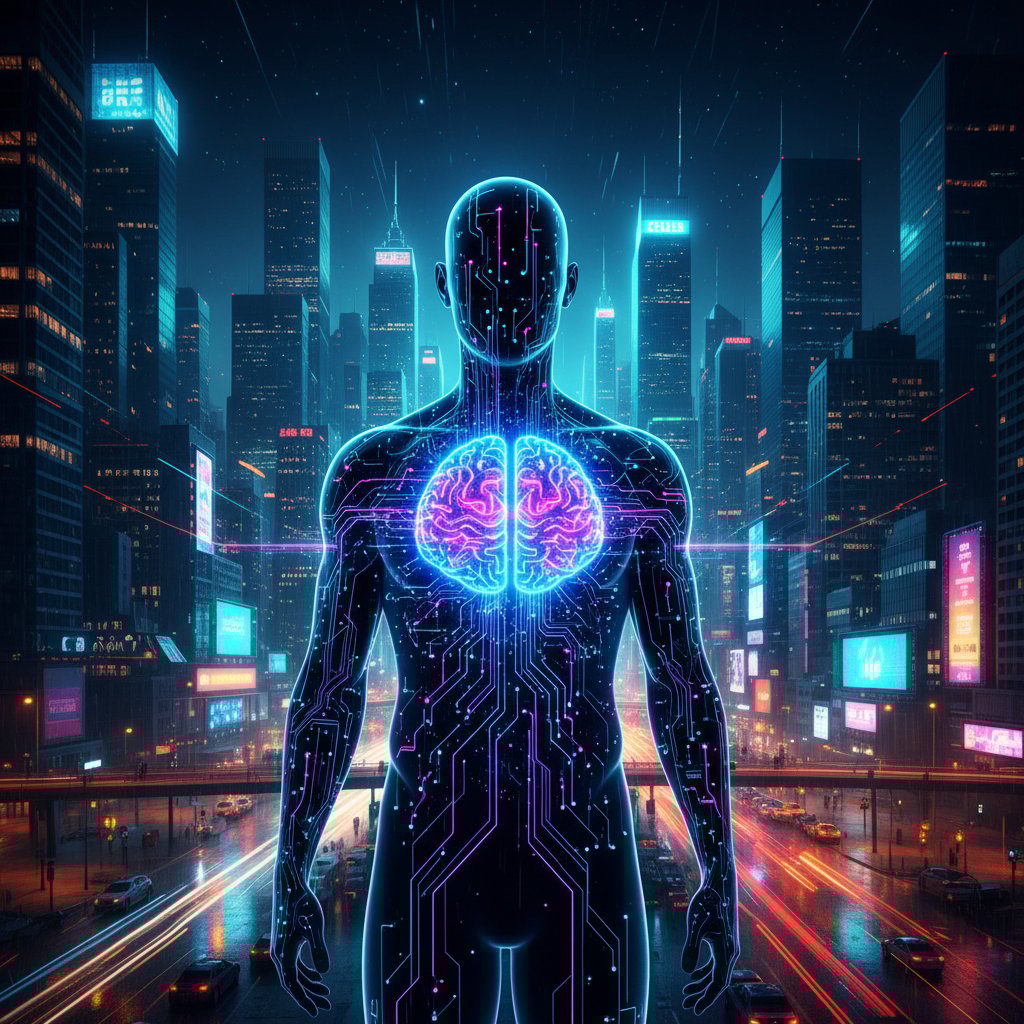 Człowiek patrzący na sztuczną inteligencję, symbolizujący granicę między świadomością a symulacją, tło nocnego miasta