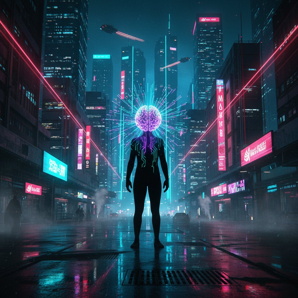 Sylwetka człowieka naprzeciw abstrakcyjnego mózgu AI w mrocznym, miejskim otoczeniu – symbol filozofii AI