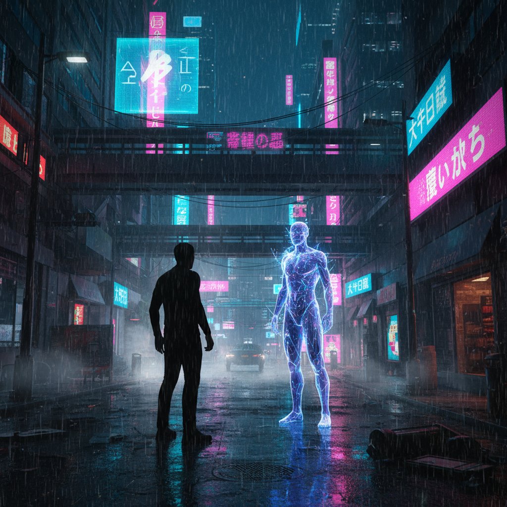 Sylwetka człowieka i abstrakcyjna AI na polskiej ulicy – napięcie relacji człowieka z AI