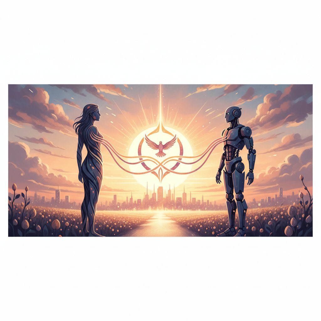 Sylwetka człowieka i robota o świcie – automatyzacja jako wspólna przyszłość