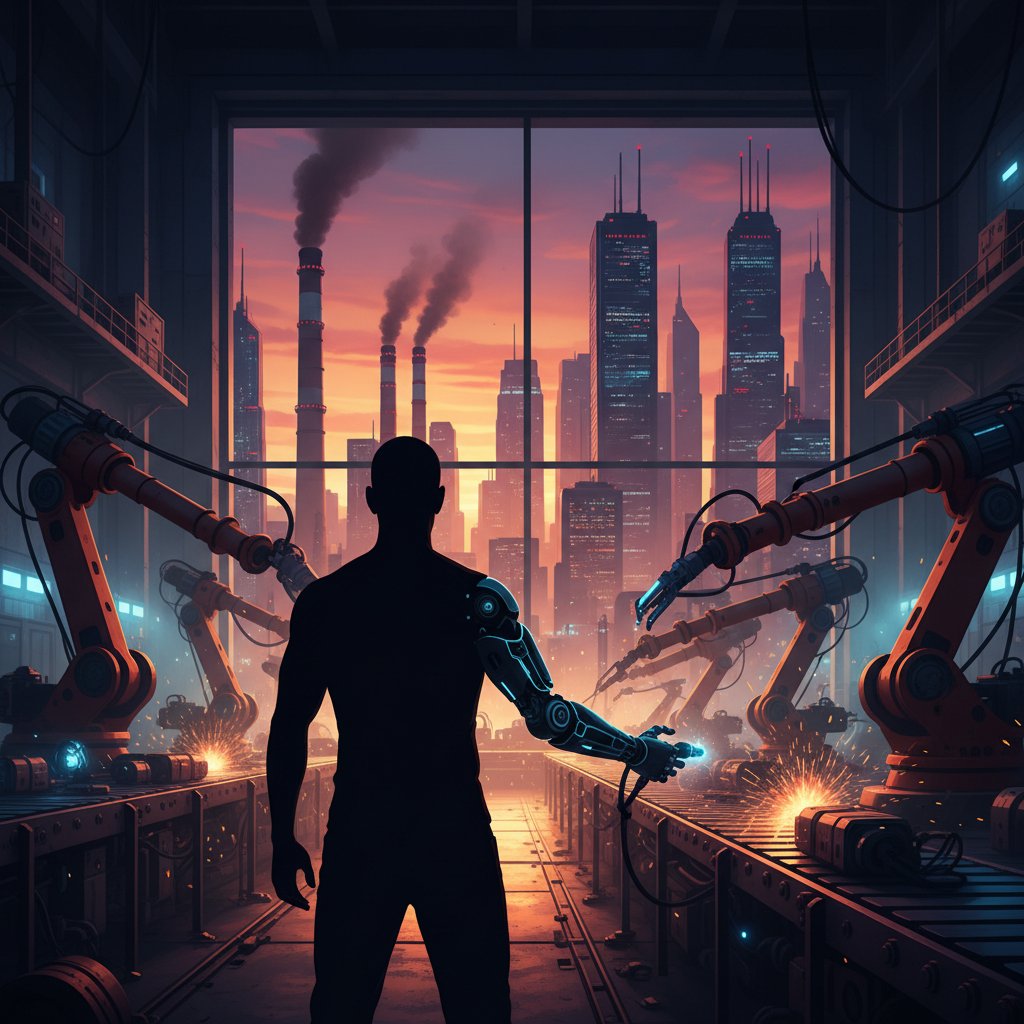 Sylwetka człowieka naprzeciw przemysłowego robota w fabryce, symbolizująca konflikt człowiek-maszyna, automatyzacja a filozofia pracy