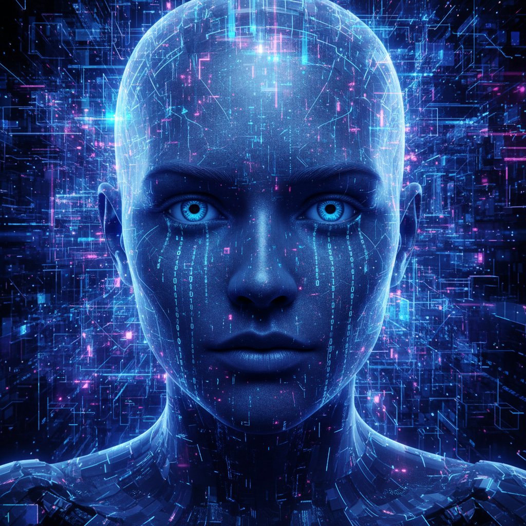 Osoba wpatrzona w ekran, na którym pojawia się ludzka twarz wygenerowana przez AI – świadomość maszyn, filozoficzne aspekty nowych technologii