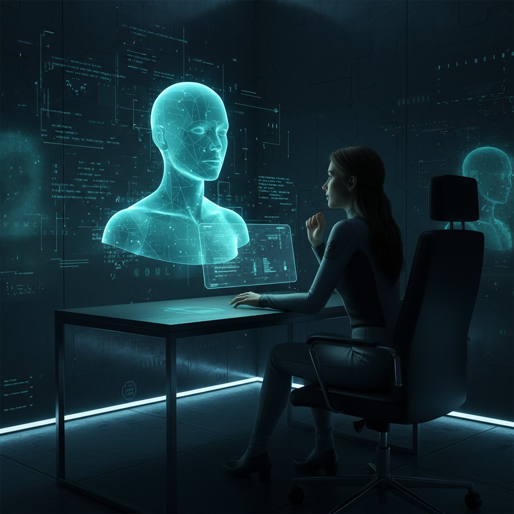 Człowiek rozmawiający z cyfrowym awatarem w ciemnym pomieszczeniu, symbolizujący integrację AI z codziennym życiem