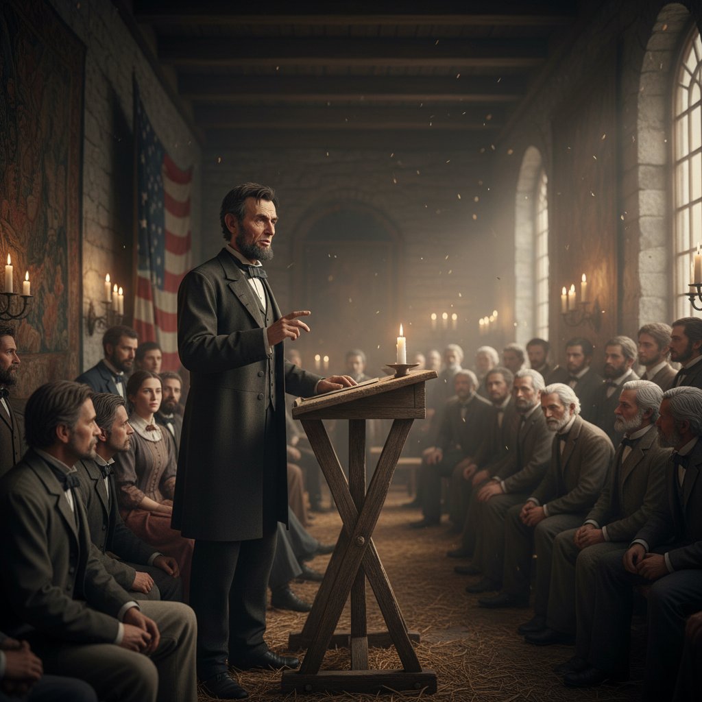 Osoba rozmawiająca z historyczną postacią wygenerowaną przez AI w realistycznym otoczeniu, symulator alternatywnych scenariuszy dialogowych