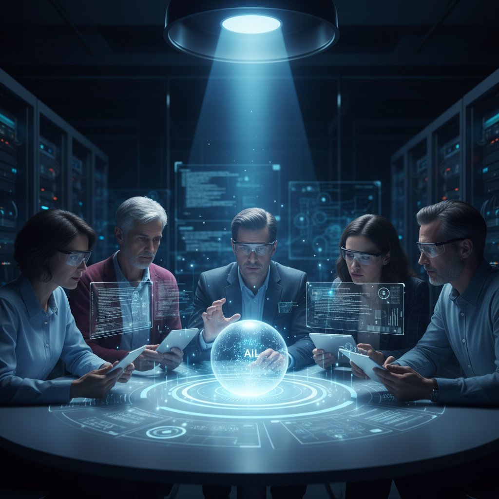 Zespół ludzi analizujący dane bezpieczeństwa przy użyciu AI, silne światło, atmosfera skupienia