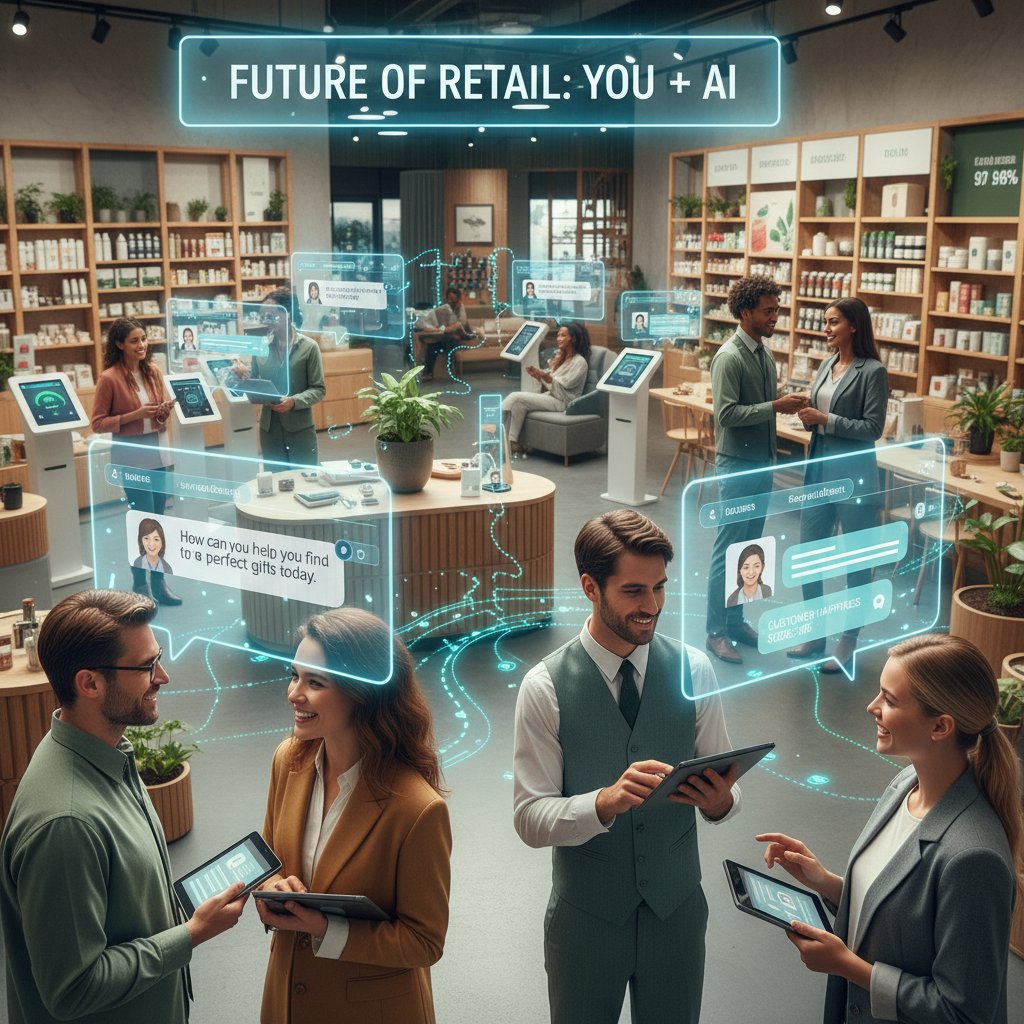 Team meeting with human staff and a chatbot interface on a screen, collaborating on retail customer satisfaction