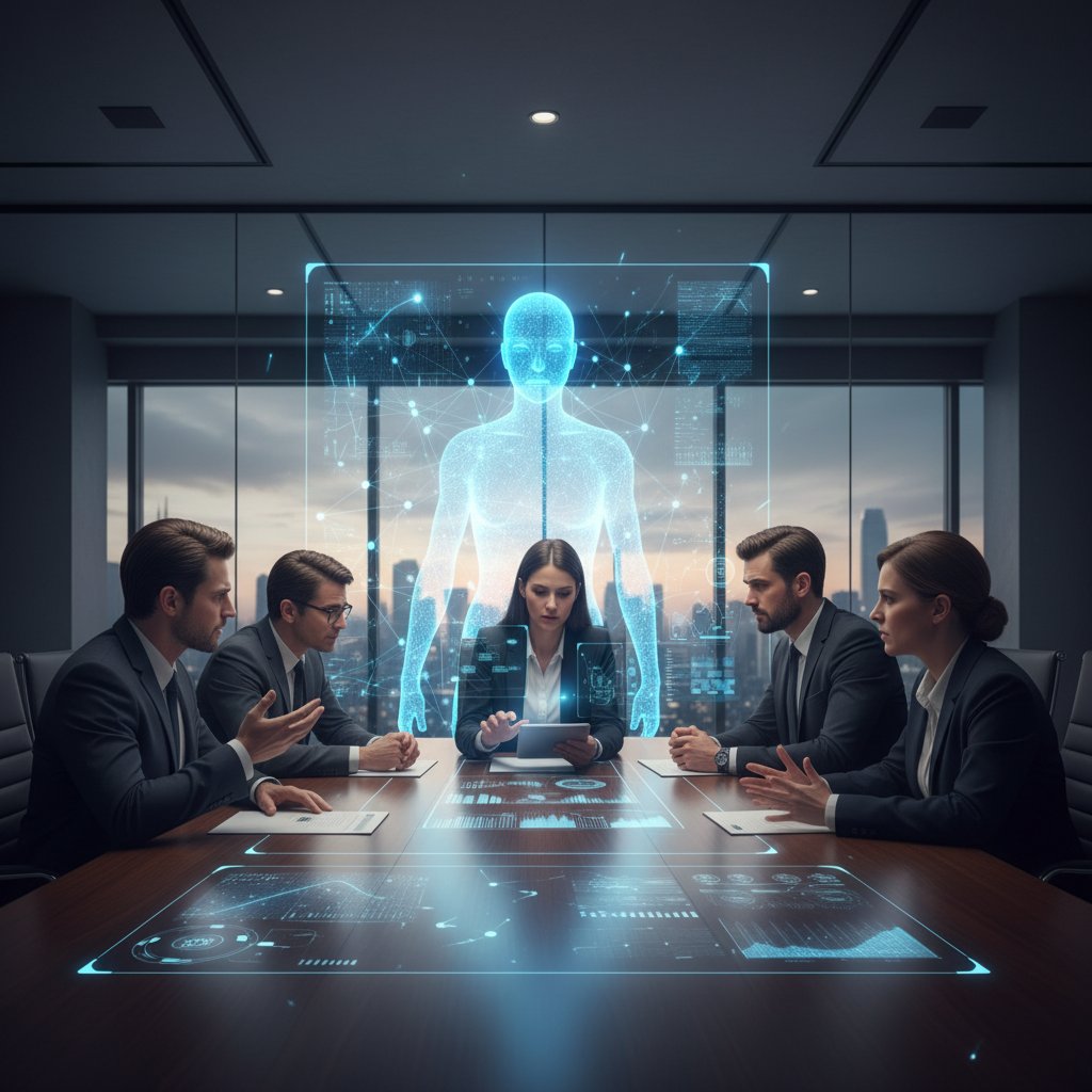 Zespół ludzi rozwiązuje konflikt, AI w tle