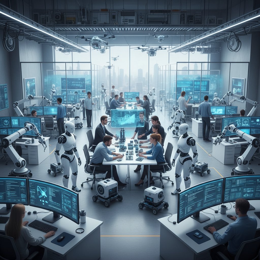 Zespół ludzi i robotów przy wspólnej pracy przy komputerach