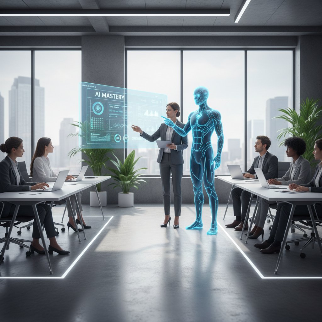 Trener rozmów kontra awatar AI podczas szkolenia, dwie osoby w biurze