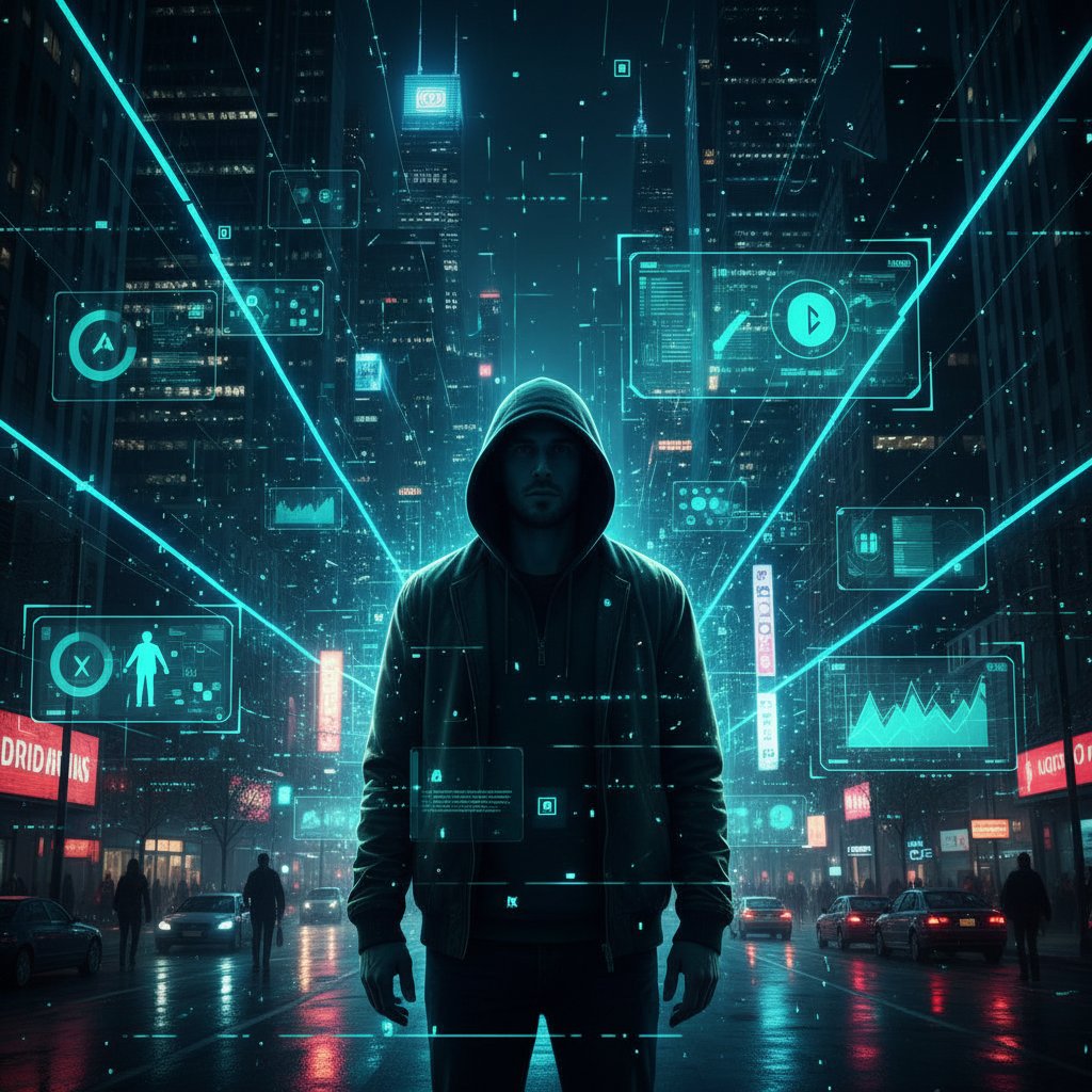 Człowiek stojący na tle cyfrowego miasta, patrzący na futurystyczny ekran z danymi AI