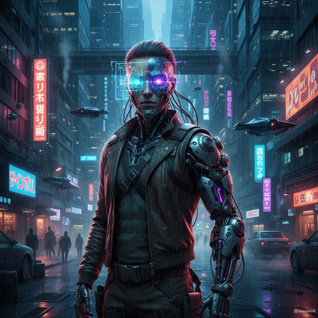 Człowiek z widocznym interfejsem AI, hybryda człowieka i maszyny w miejskiej przestrzeni