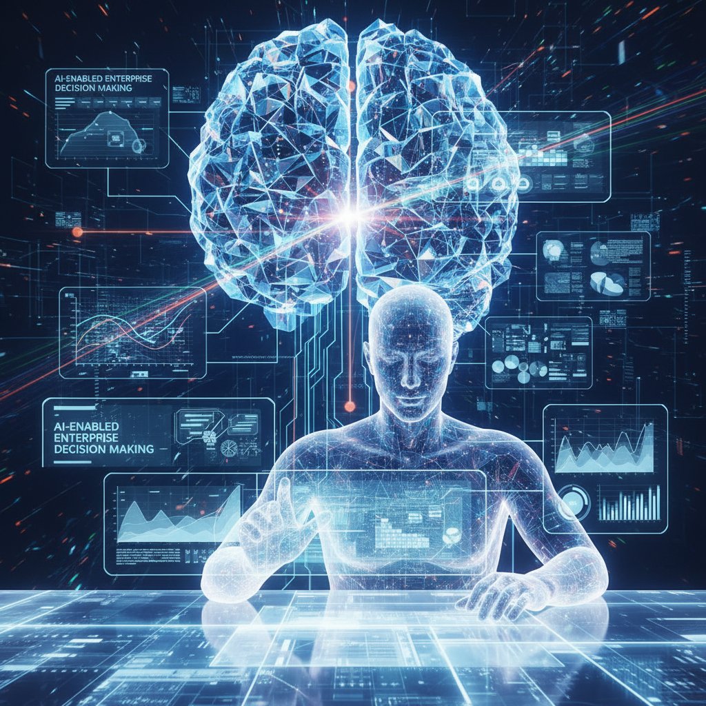 Human worker and digital figure reviewing documents together, AI enabled enterprise decision making