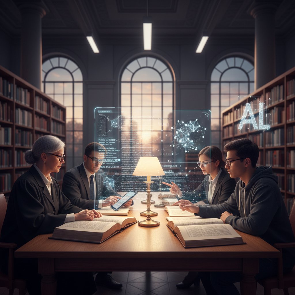 Zespół humanistów pracujący z AI nad analizą tekstów klasycznych, scena badawcza