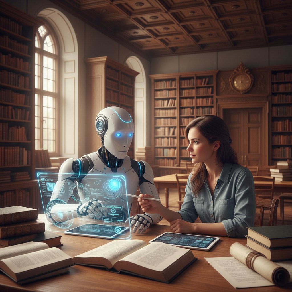 Naukowiec humanista analizujący teksty z pomocą AI w bibliotece