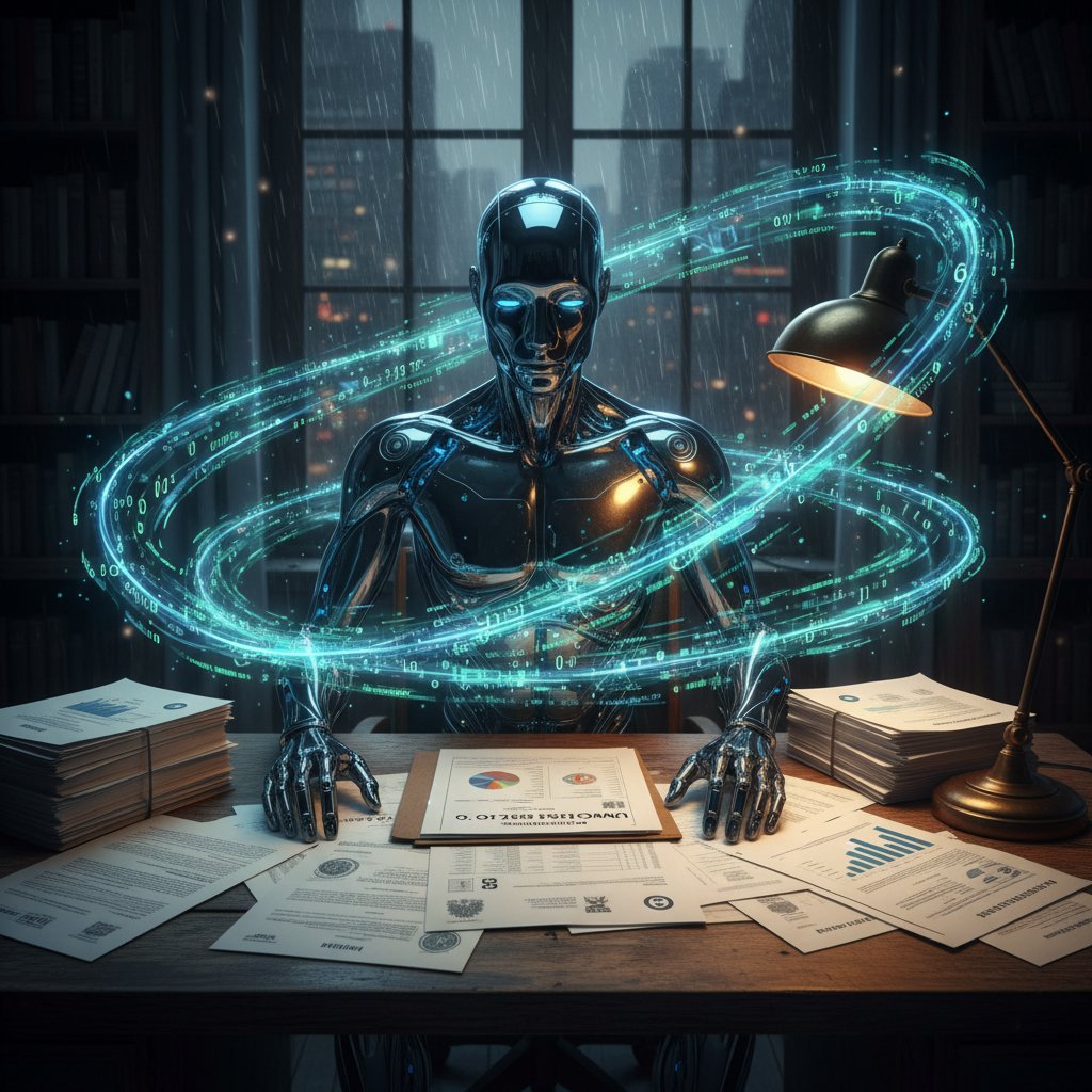 Humanoid AI z wyrazistymi oczami i cyfrowymi danymi - nowoczesny wirtualny analityk danych w pracy w polskim biurze