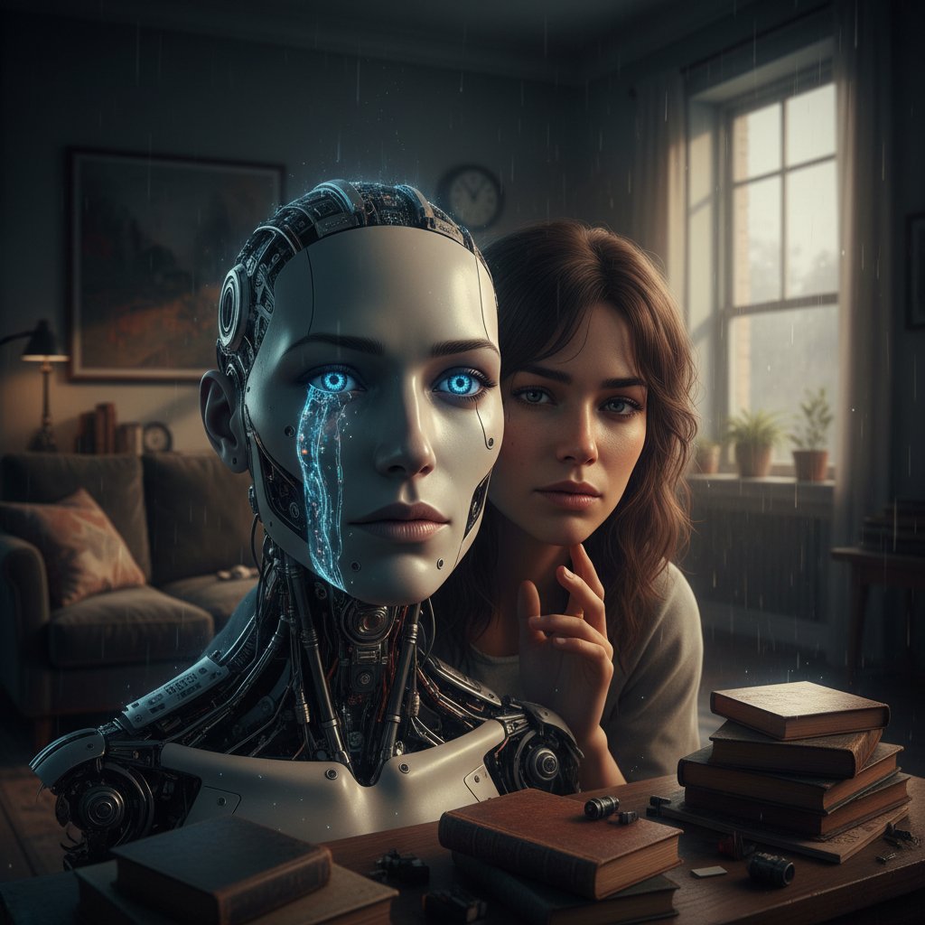 Humanoidalna AI z cyfrową łzą na twarzy przy stole z człowiekiem, stonowane światło, emocjonalna scena