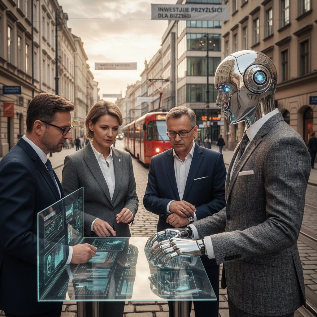 Nowoczesny chatbot AI rozmawiający z właścicielami polskich firm w biurowym otoczeniu