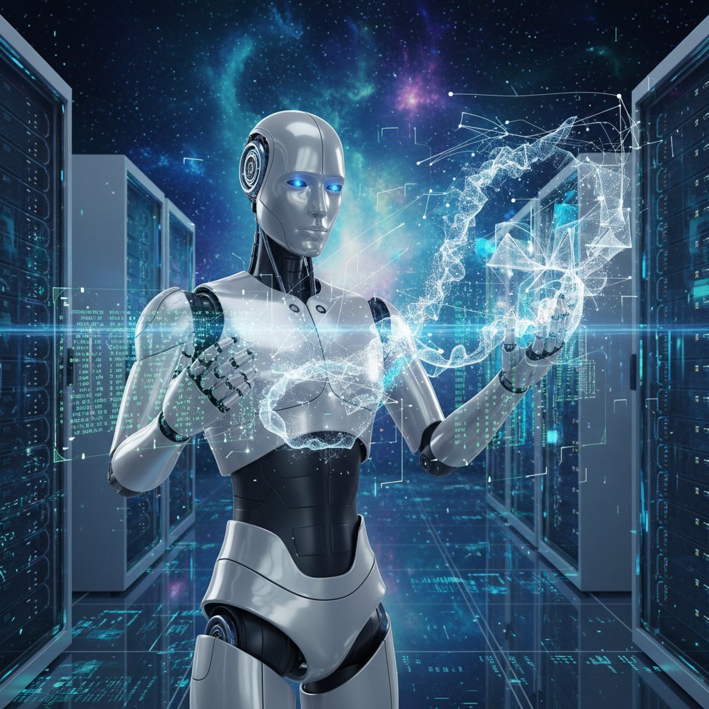 Humanoidalny robot analizujący dane na tle abstrakcyjnych algorytmów – realistyczne zdjęcie z nutą niepokoju