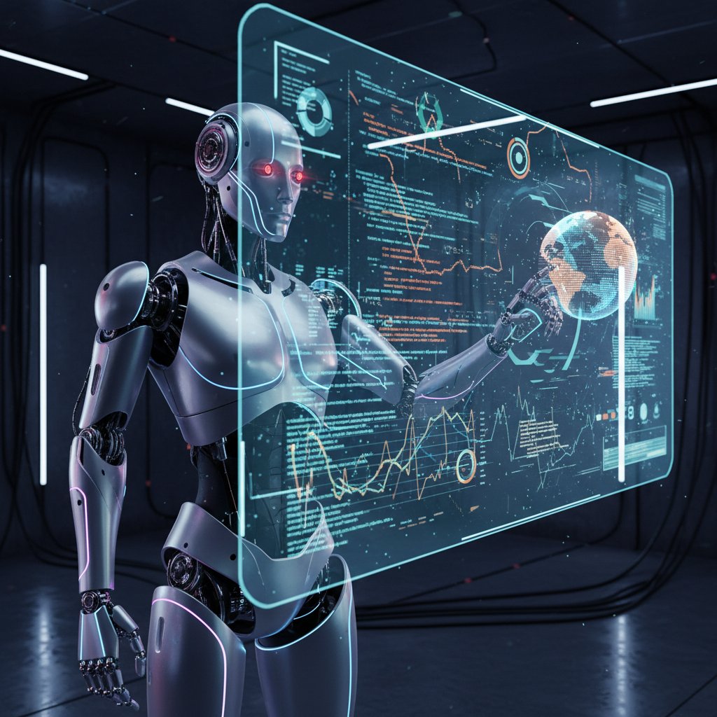 Robot humanoidalny analizujący dane z wykresów, skupienie, światło led